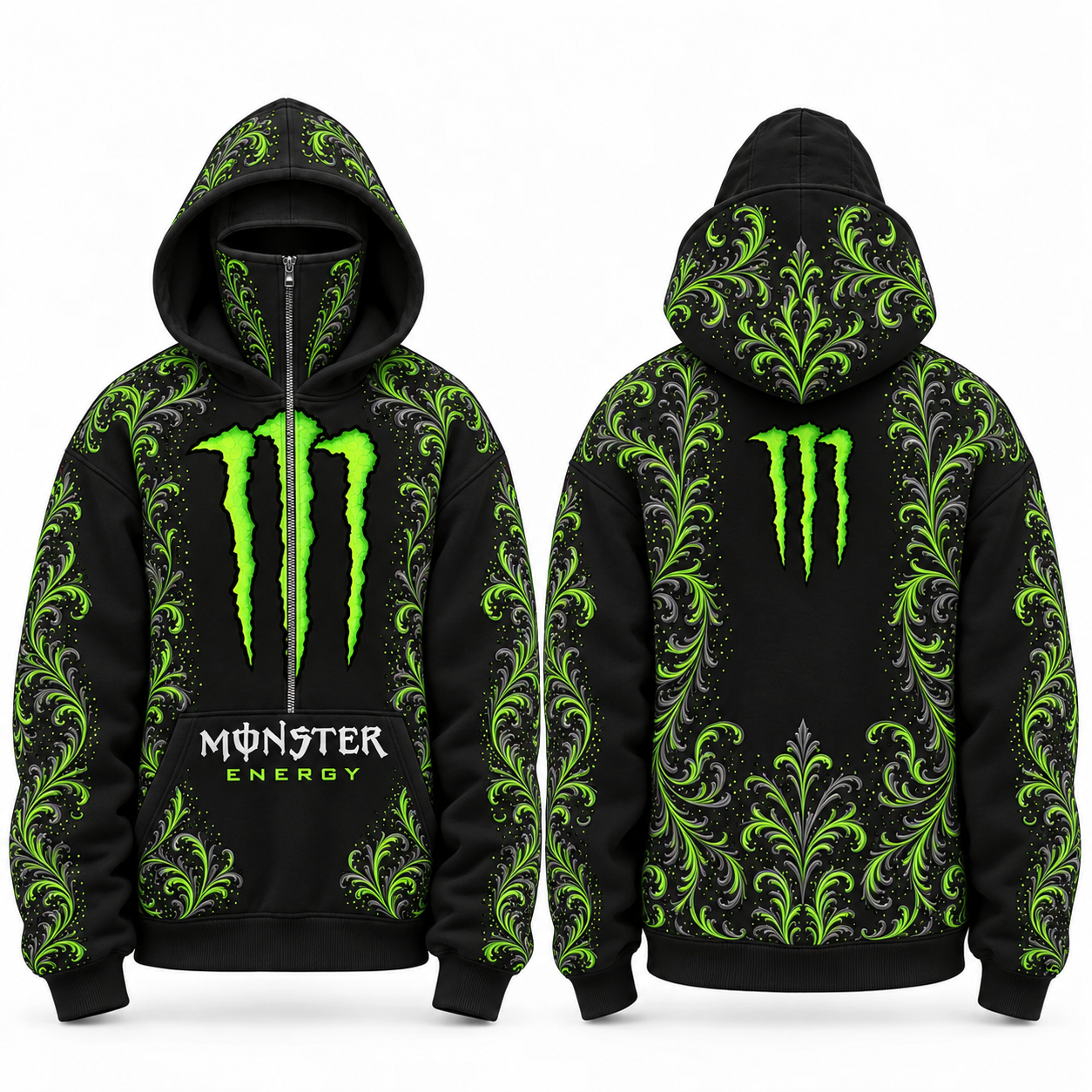 UltraWear black and green hoodie, front and back