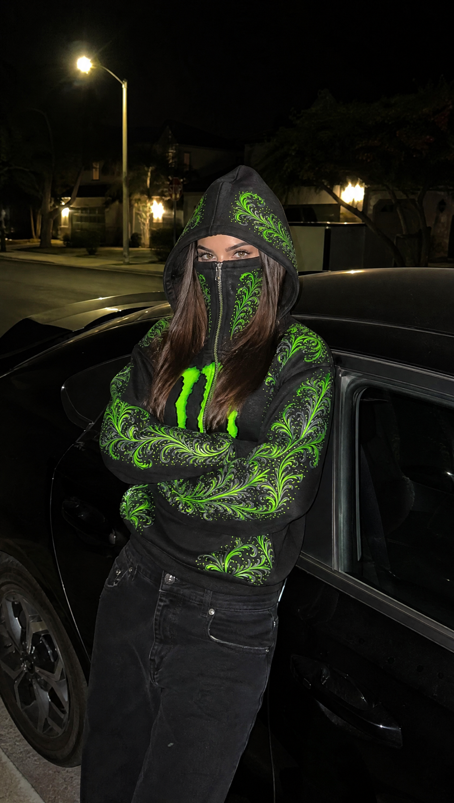 Black and green UltraWear hoodie styling